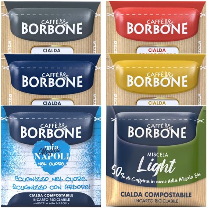 Six Caffè Borbone compostable pods in different color-coded blends, including the Mia Napoli and Miscela Light editions